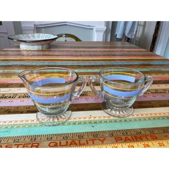 VINTAGE Depression Glass Clear w/Blue & Gold Stripes Cream & Sugar Set - Picture 1 of 12